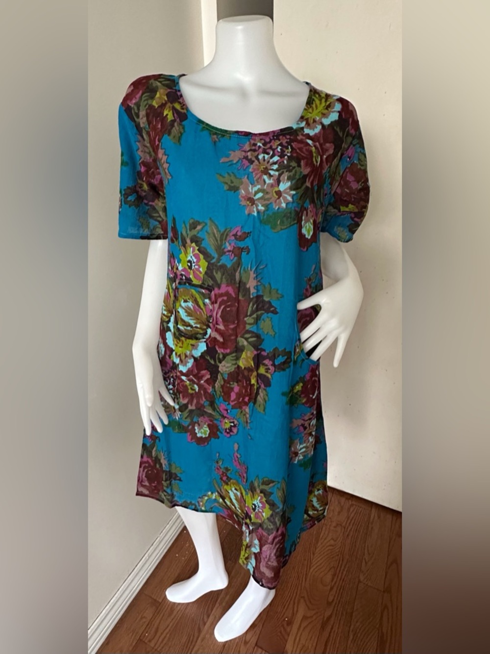 Blue Floral Midi Dress with Multicolor Velvet Print